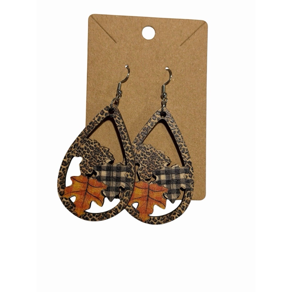 Fall Teardrop Wood Earrings Leopard Buffalo Plaid Autumn Leaf Boho Dangle